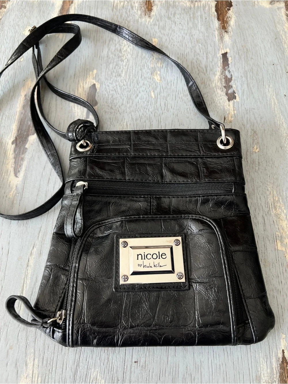 Nicole by Nicole Miller Black Faux-Croc Crossbody Bag - Picture 7 of 12